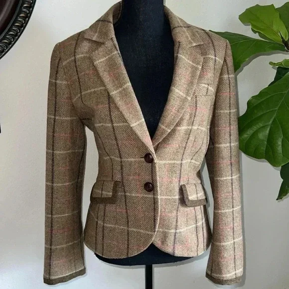 Boden Women’s 100% Wool British Tweed Tan Brown Plaid Blazer Jacket Coat Size 10 - Picture 2 of 16
